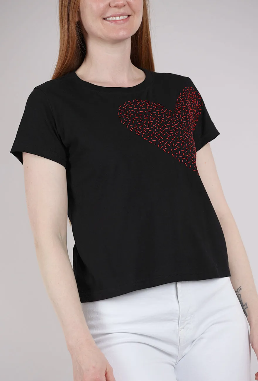 Dressy Casual Big Heart Hand-Embroidered Tee, Black