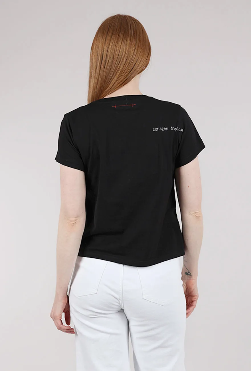 Dressy Casual Big Heart Hand-Embroidered Tee, Black