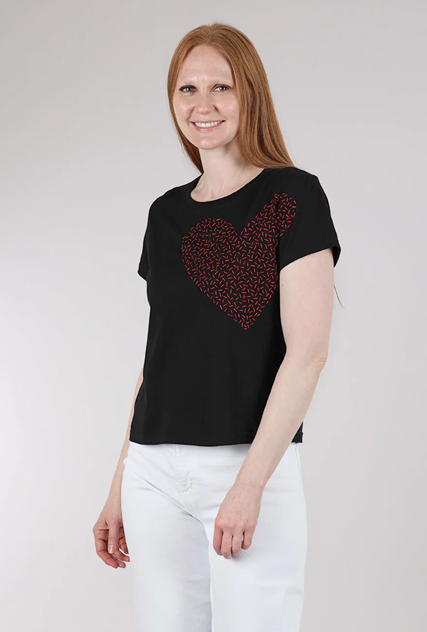 Dressy Casual Big Heart Hand-Embroidered Tee, Black