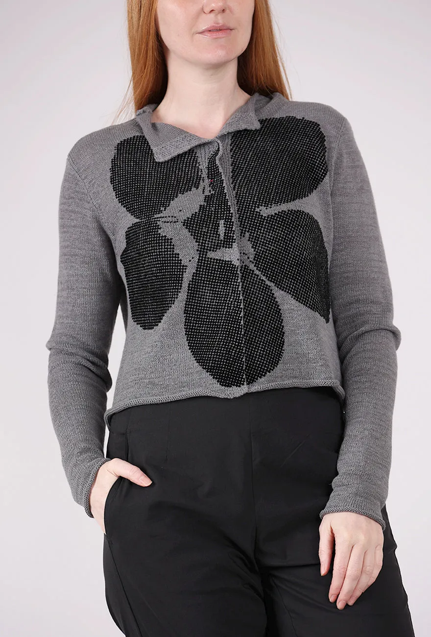 Drop Shoulder Flocked Cotton Collar Cardie, Dark Gray/Black