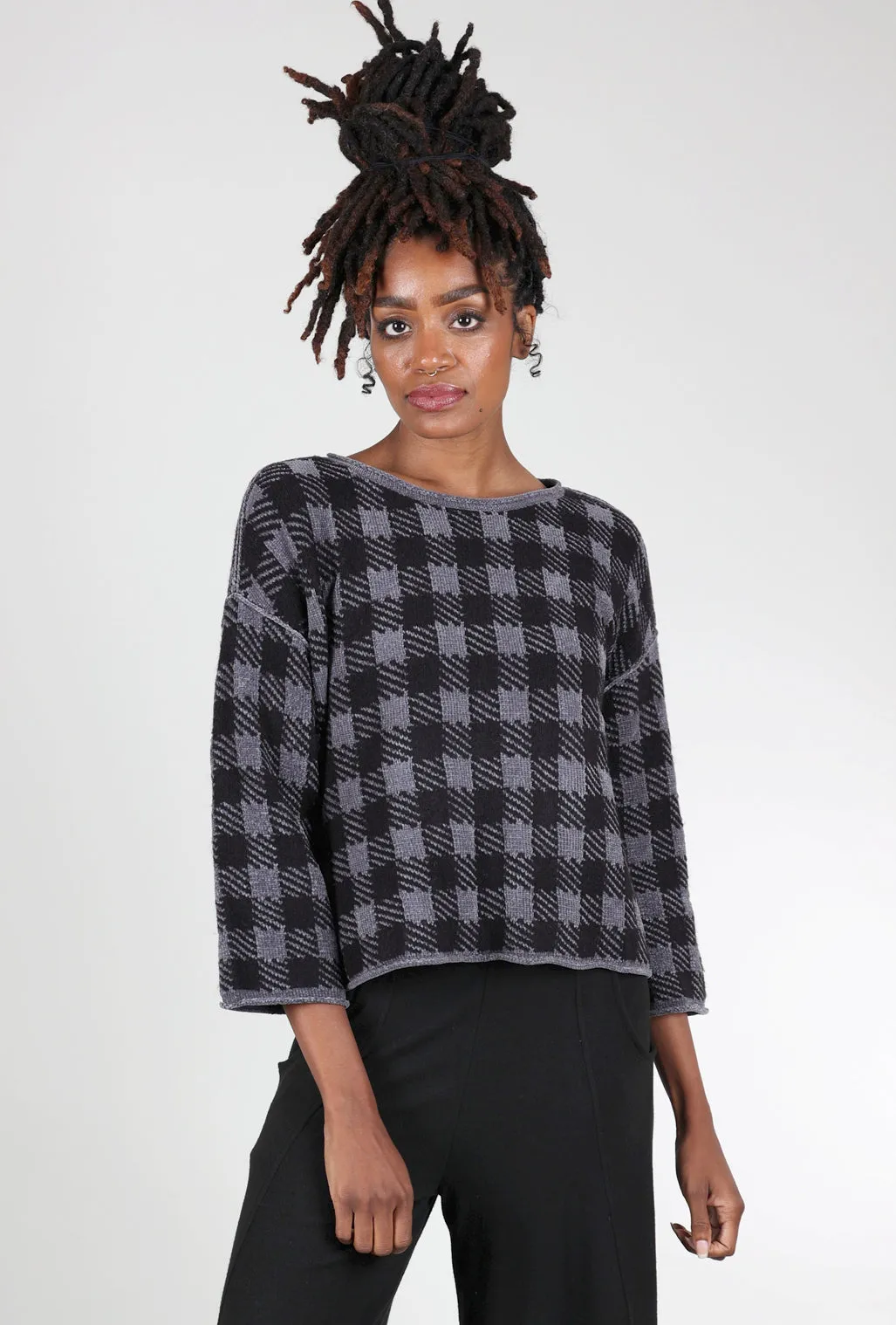 Chenille Check Topper, Charcoal Soft knit cardigan Heavy-knit pullover