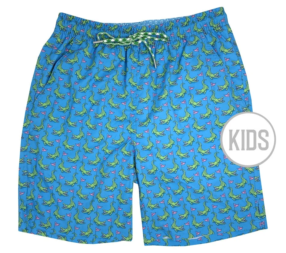 Hazard on Eight: Kid's Swim Trunks - Blue Athletic Cut Summer Fashion