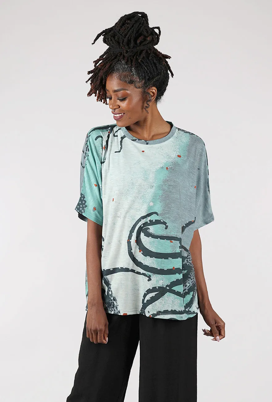 Loose fitting comfort 3P Print Dolman Tee, Aqua/Gray