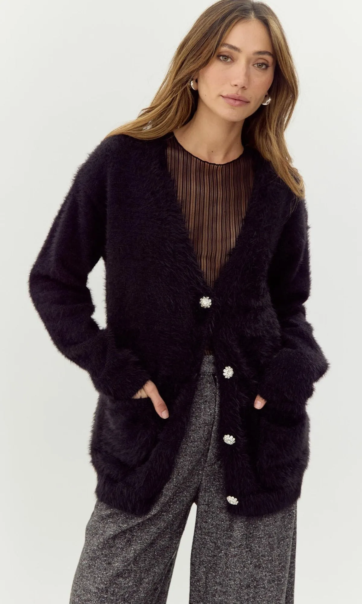Effortless Look Mavis Jeweled Bow Embellished Knit Sweater Cardigan