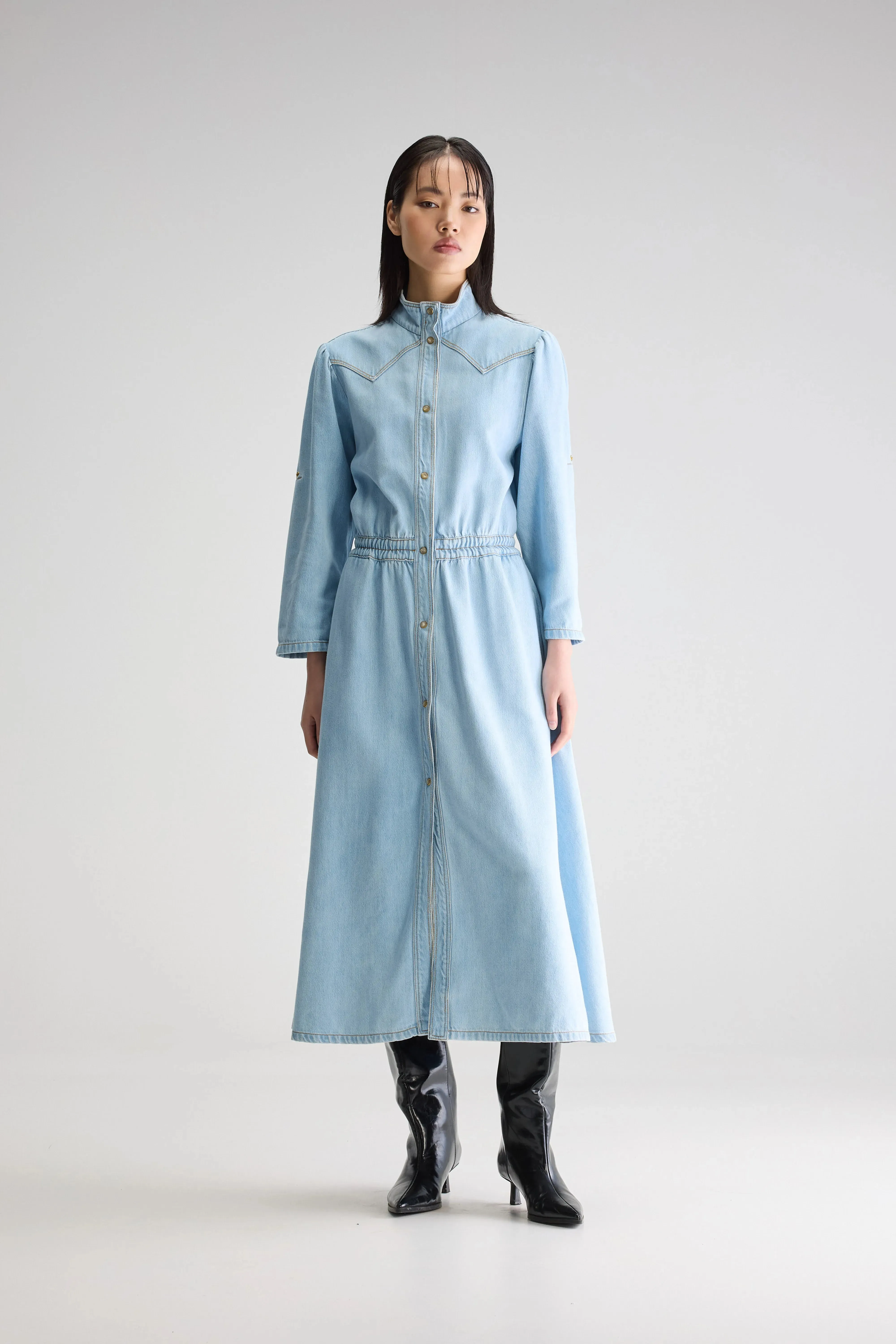 Elastic cuffs Pakita denim midi dress (251 / W / LT BLUE BLEACH)