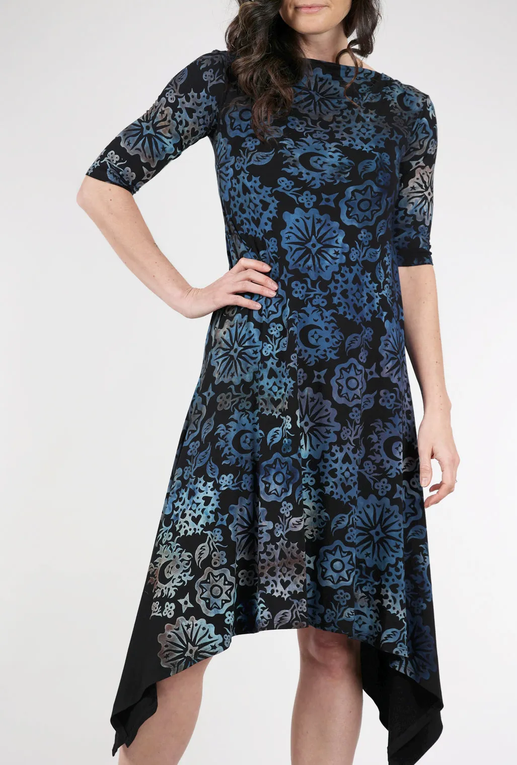 Elbow-Sleeve Bat Dress, Blues Shape Enhancing