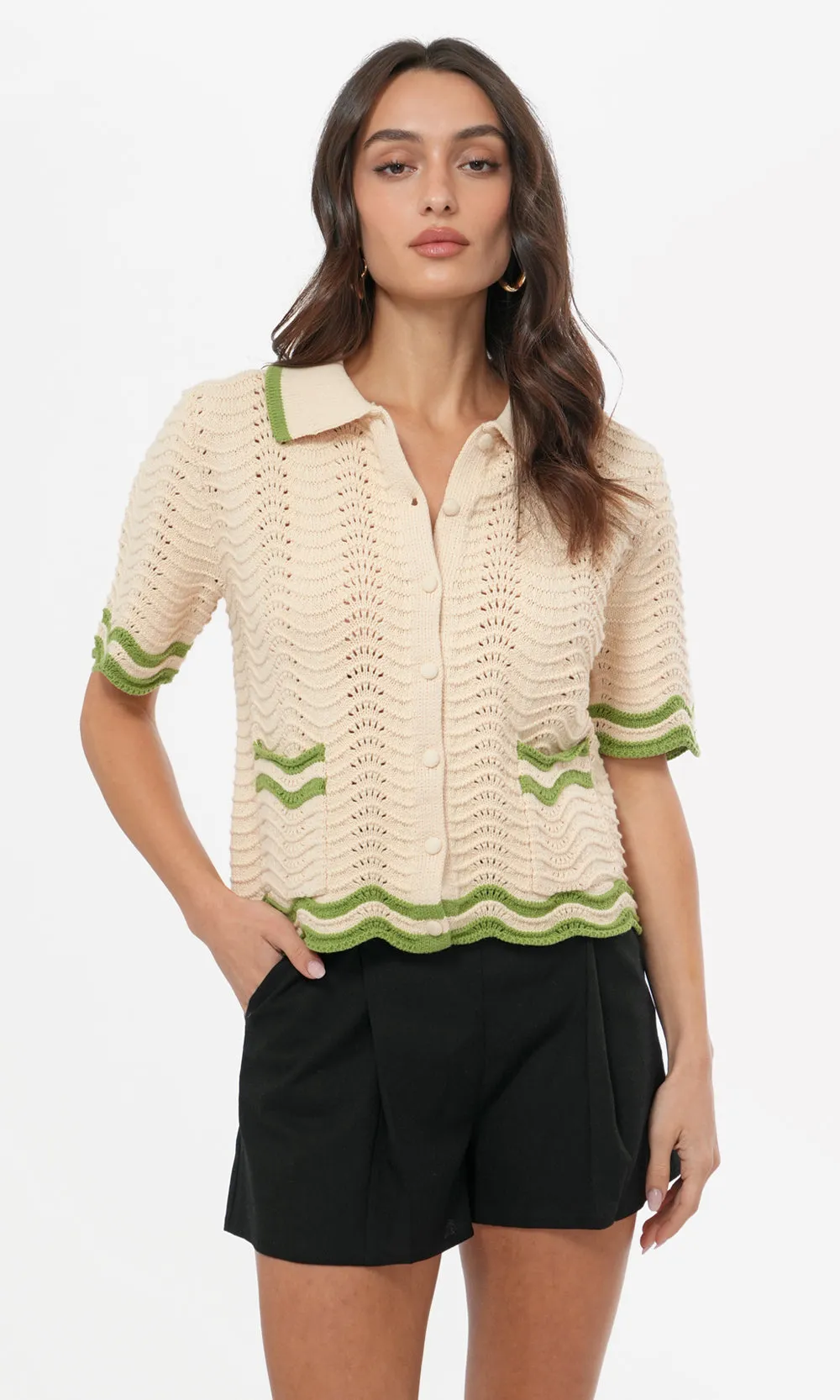 Elegant Cuts Amelia Scallop Hem Button Up Crochet Cardigan