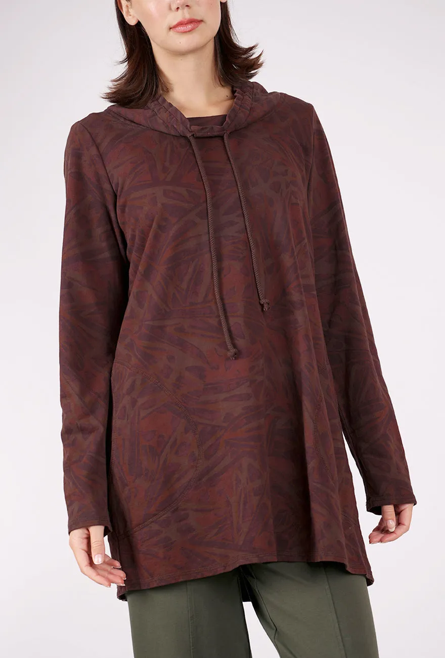 Elegant Fit Drawstring Cowl Tunic, Chocolate Print