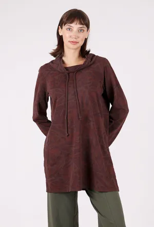 Drawstring Cowl Tunic, Chocolate Print Stand Collar