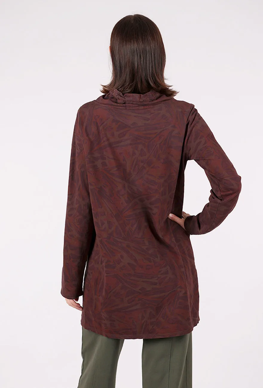 Elegant Fit Drawstring Cowl Tunic, Chocolate Print