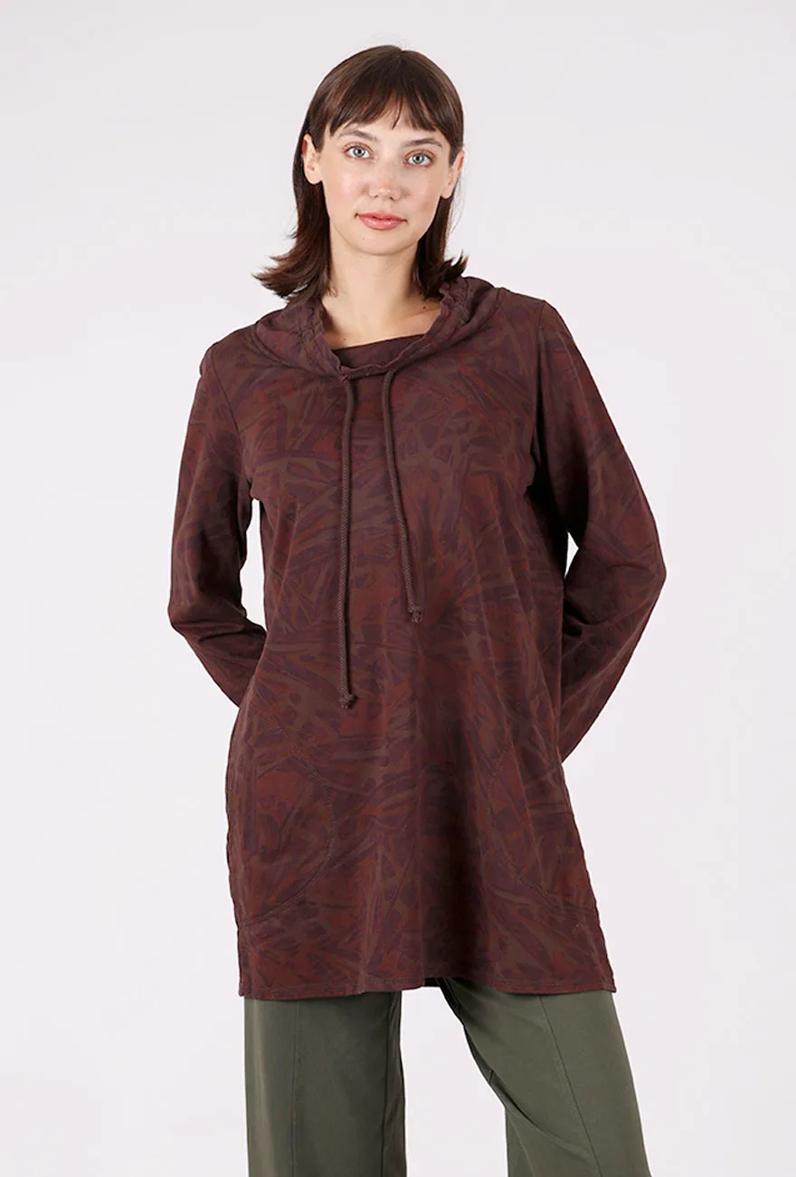 Elegant Fit Drawstring Cowl Tunic, Chocolate Print