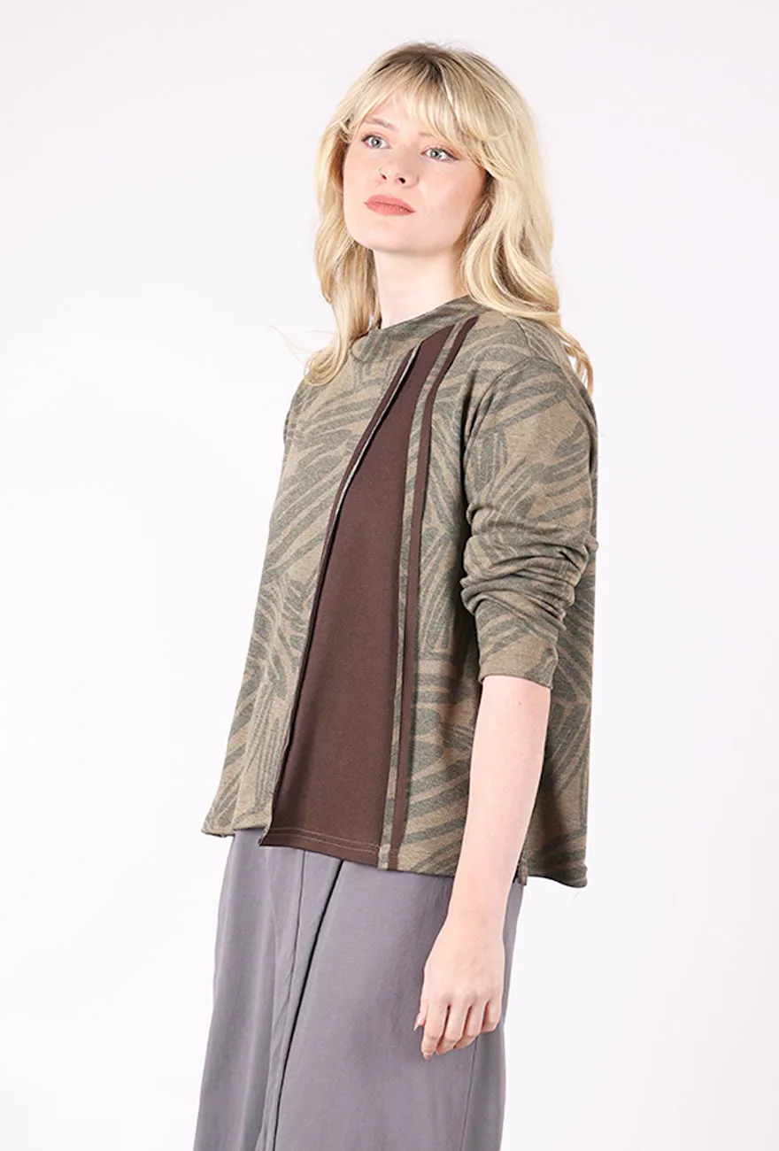 Elegant Fit Inset Panel Funnel Neck Knit Top, Brown/Gray