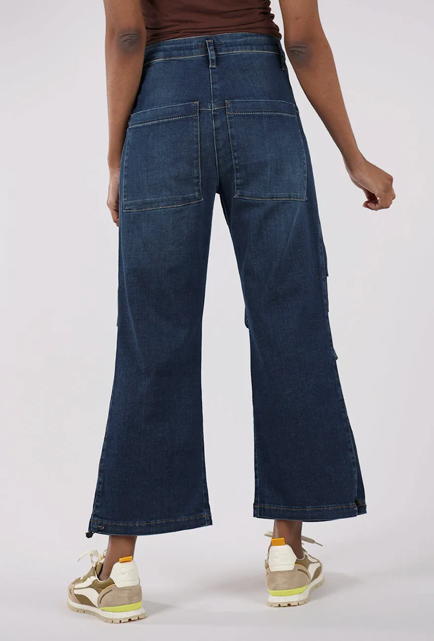 Elegant Waistband Notch Waist Pocket Denim, Blue