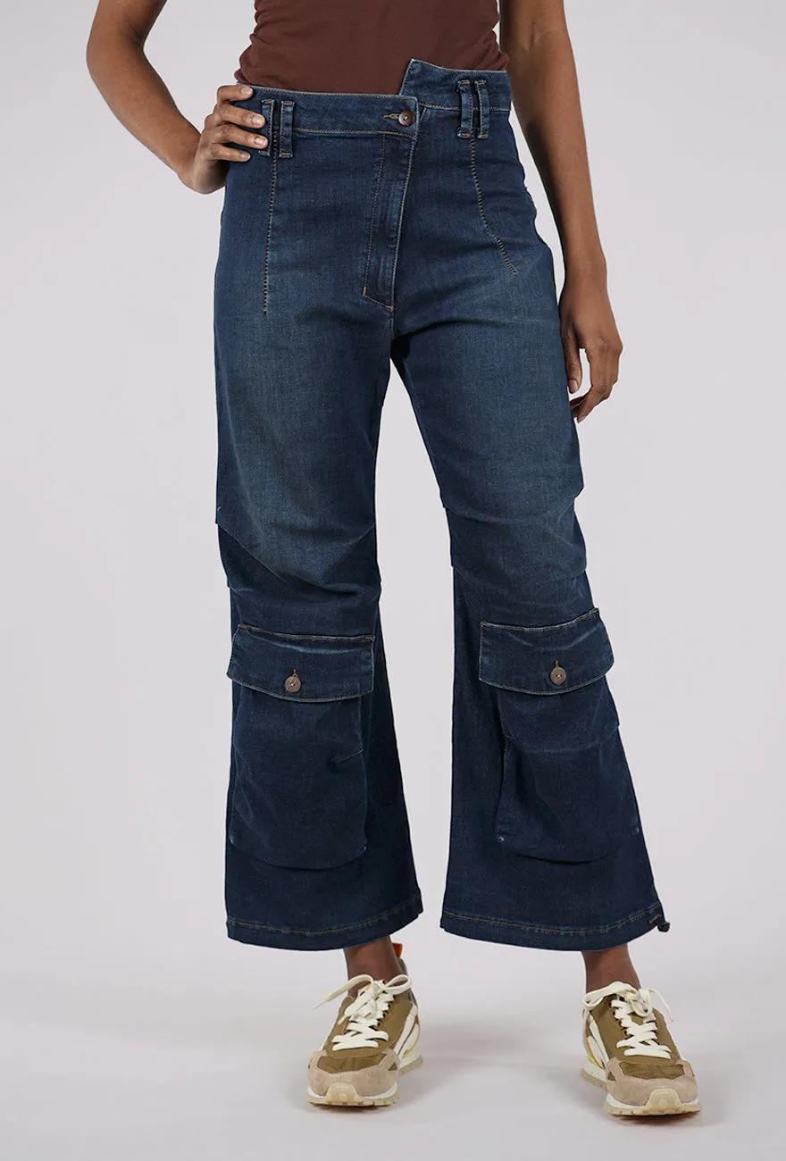Notch Waist Pocket Denim, Blue Flexible Wear Indoor Comfort