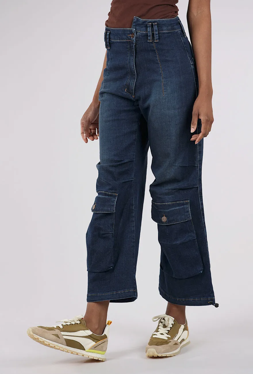 Elegant Waistband Notch Waist Pocket Denim, Blue