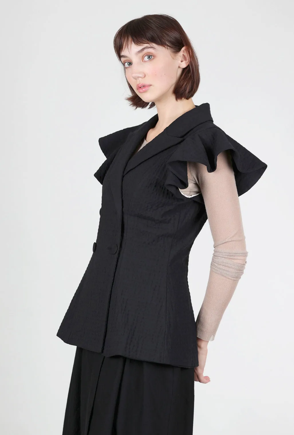 Embossed Ruffle Vest, Black Packable Ease