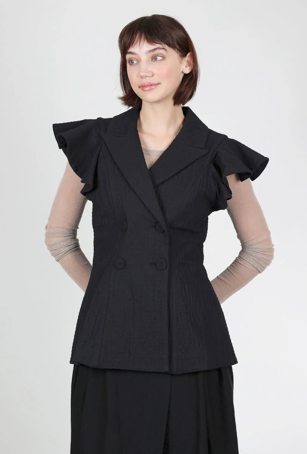 Smart Layer Essential Warmth Embossed Ruffle Vest, Black