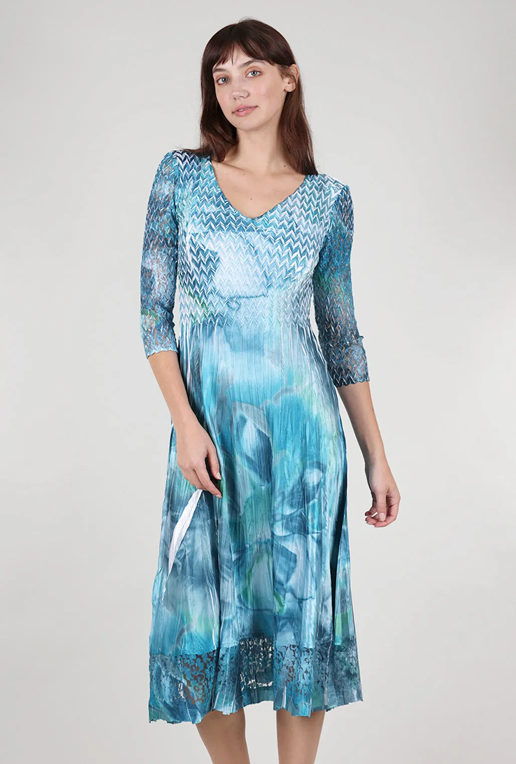 Modern Chic All Day Ready Lace Sleeve Watercolor Dress, Turquoise