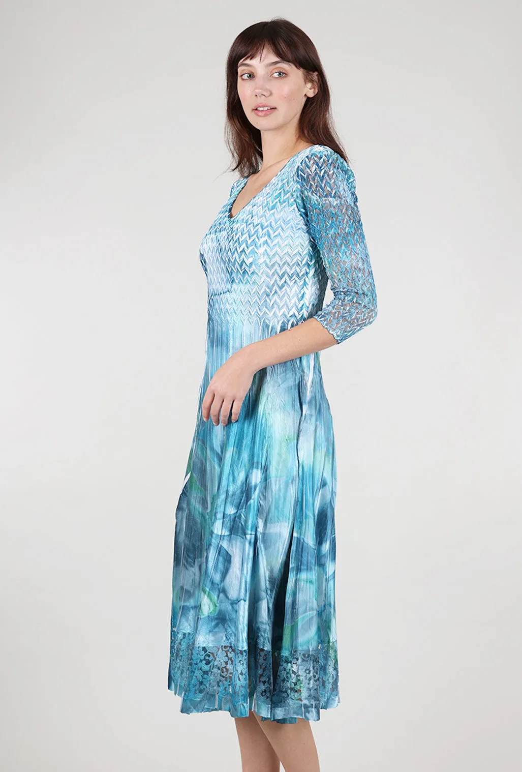 Embroidered Look Lace Sleeve Watercolor Dress, Turquoise