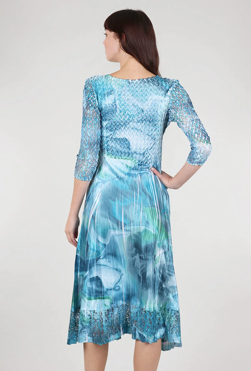 Embroidered Look Lace Sleeve Watercolor Dress, Turquoise