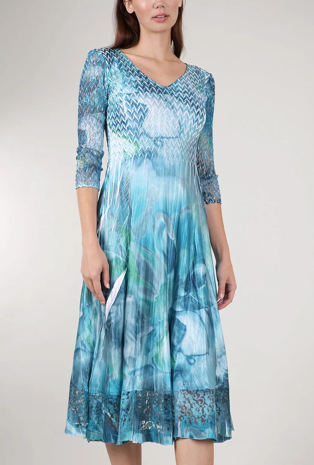 Embroidered Look Lace Sleeve Watercolor Dress, Turquoise