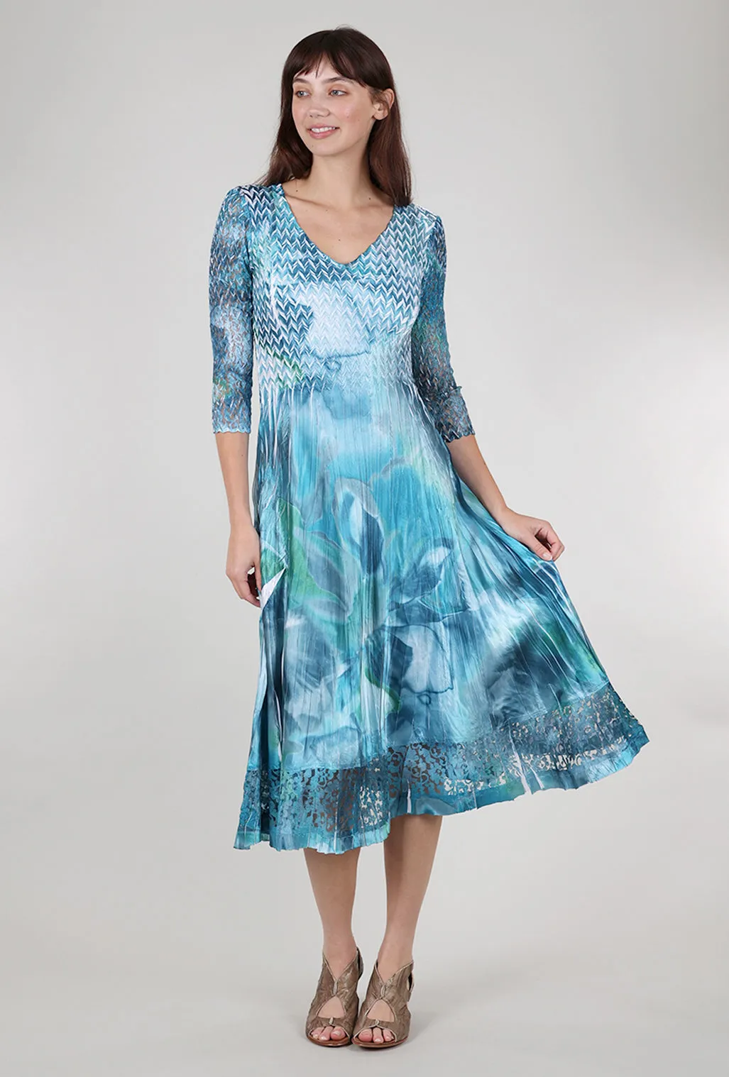 Embroidered Look Lace Sleeve Watercolor Dress, Turquoise