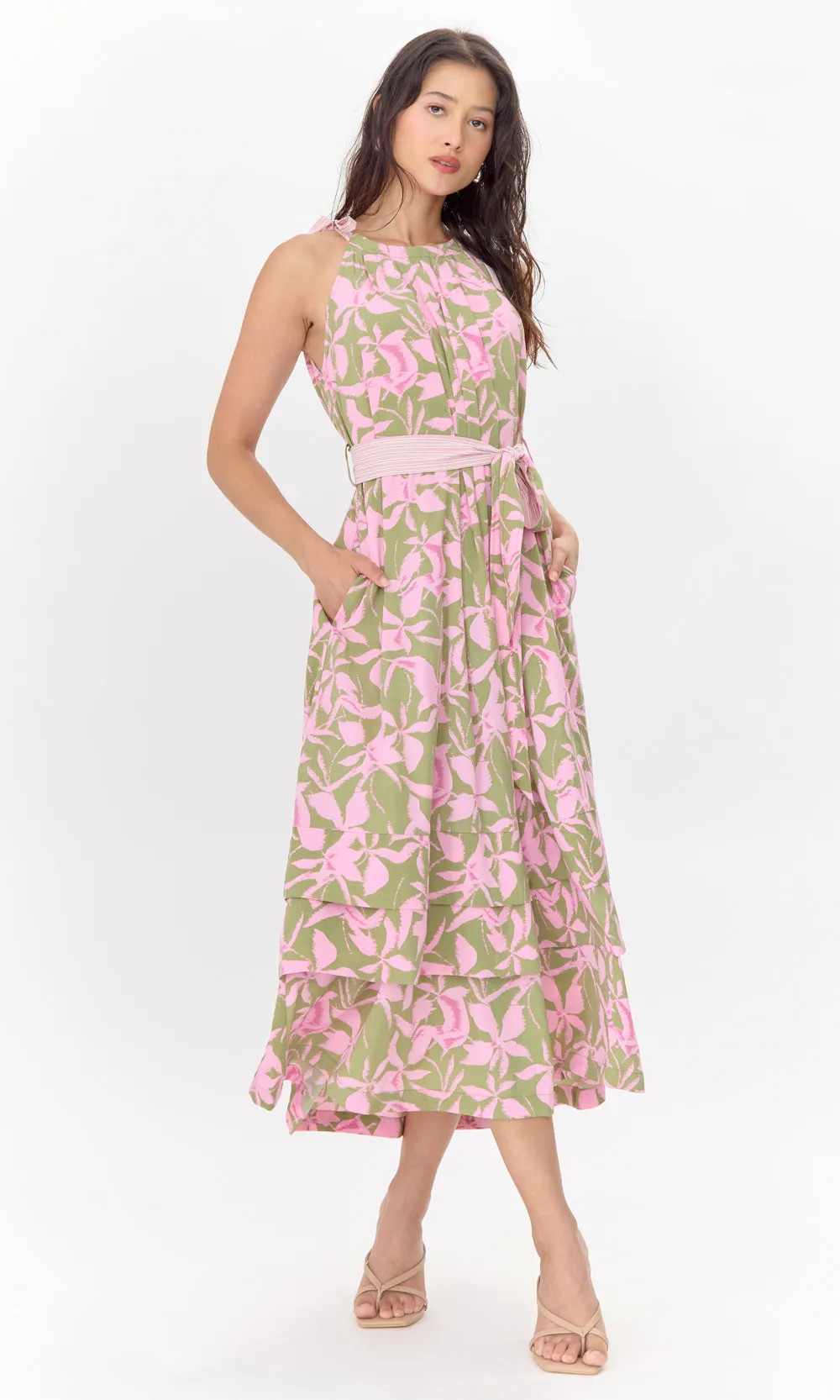 Embroidered Look Nali Print Tie Shoulder Maxi Dress