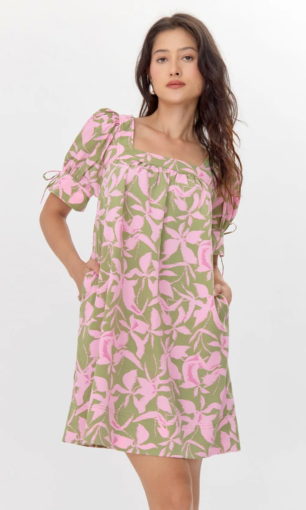 Emerald Green Vienna Print Square Neck Mini Dress with Tie Sleeve
