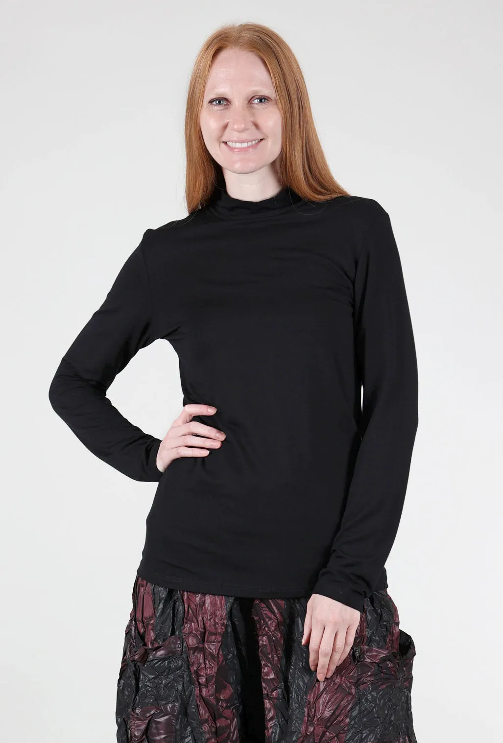 ruffled decoration Stretchy Material Essential Jersey Mock Neck, Black