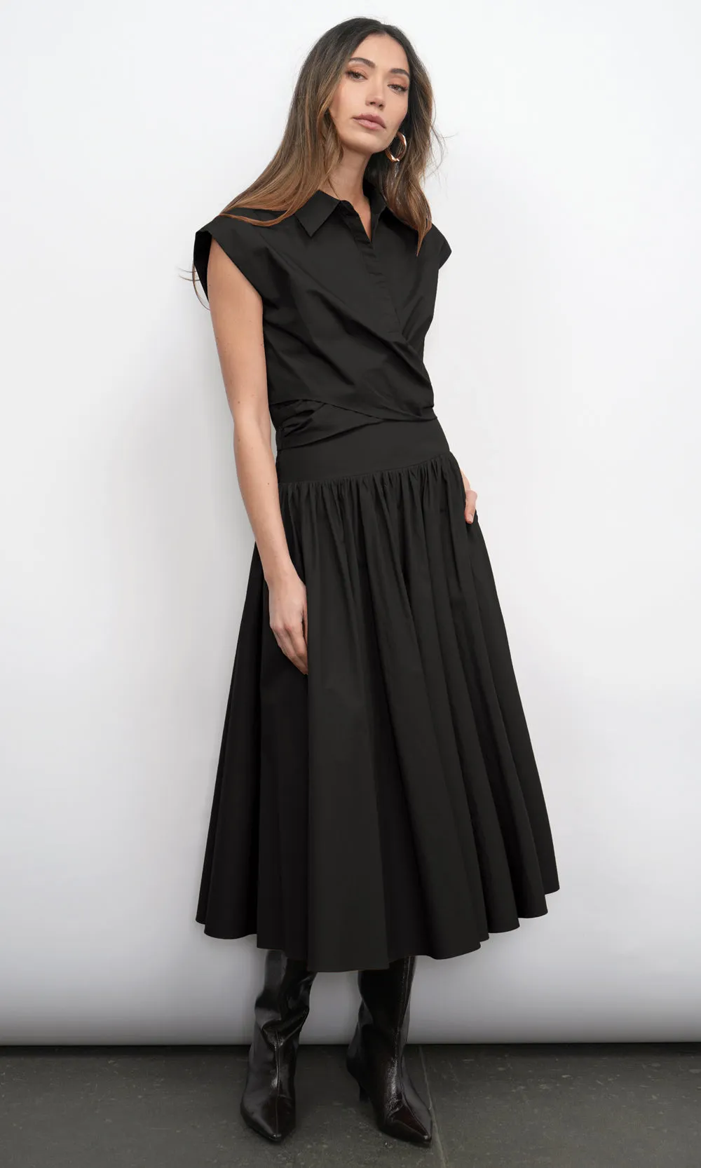 Etienne Smocked Waist Gathered Black Midi Skirt Minimalist Style