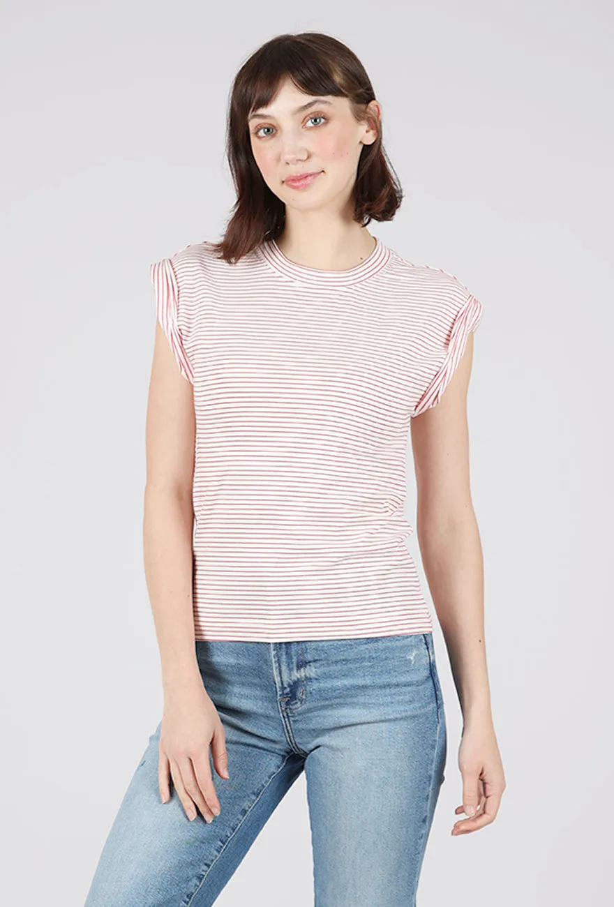 Outdoor Look Work Uniform Olivia Rolled Sleeve Tee, White/Ruby Stripe