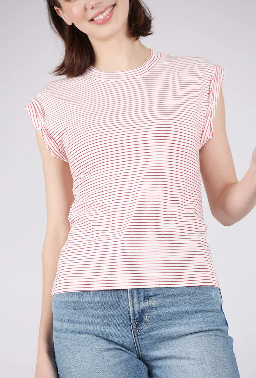 Everyday Vibes Olivia Rolled Sleeve Tee, White/Ruby Stripe