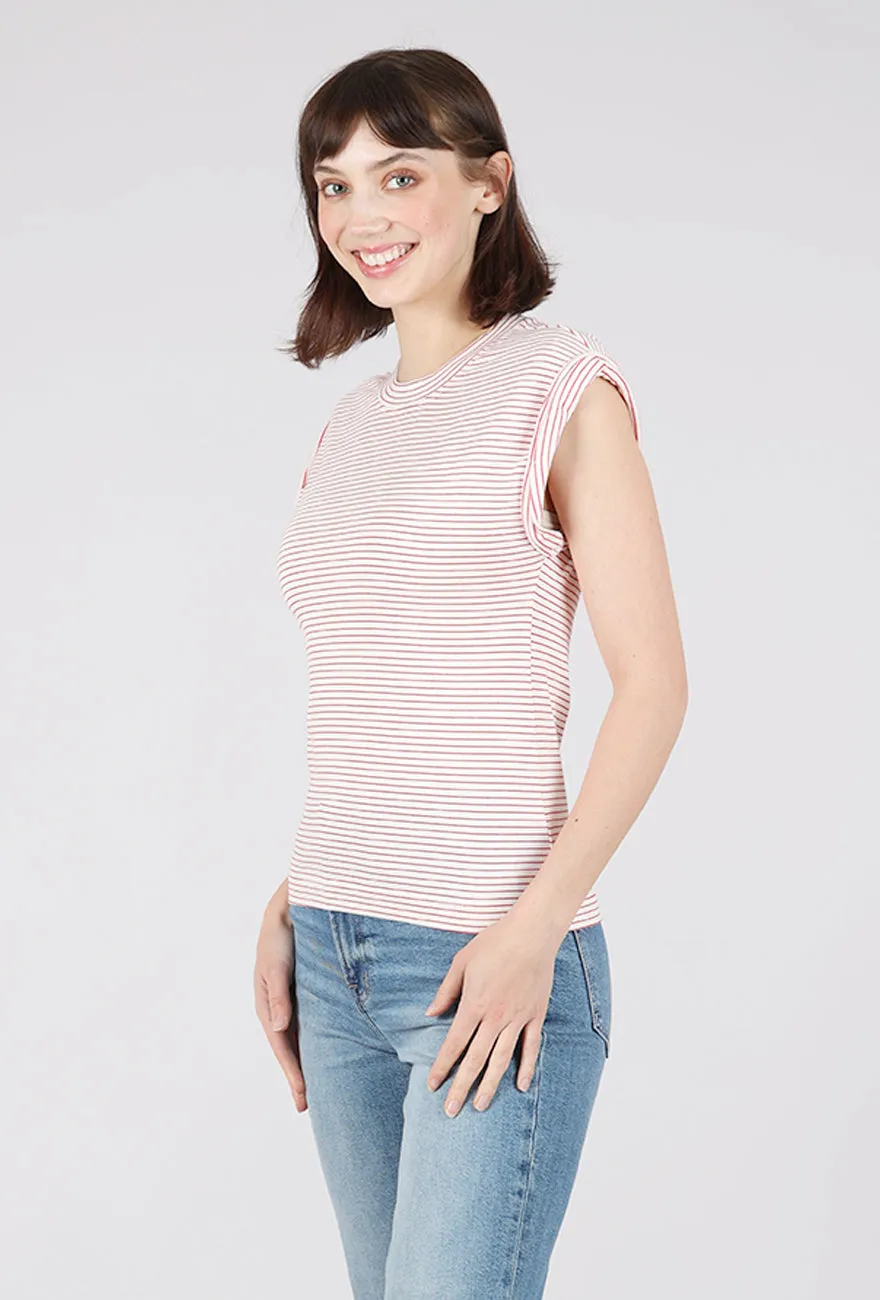 Everyday Vibes Olivia Rolled Sleeve Tee, White/Ruby Stripe