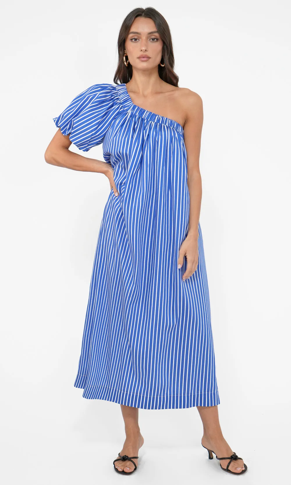 Eye-catching Design Paola Bold Stripe One Shoulder Midi Dress