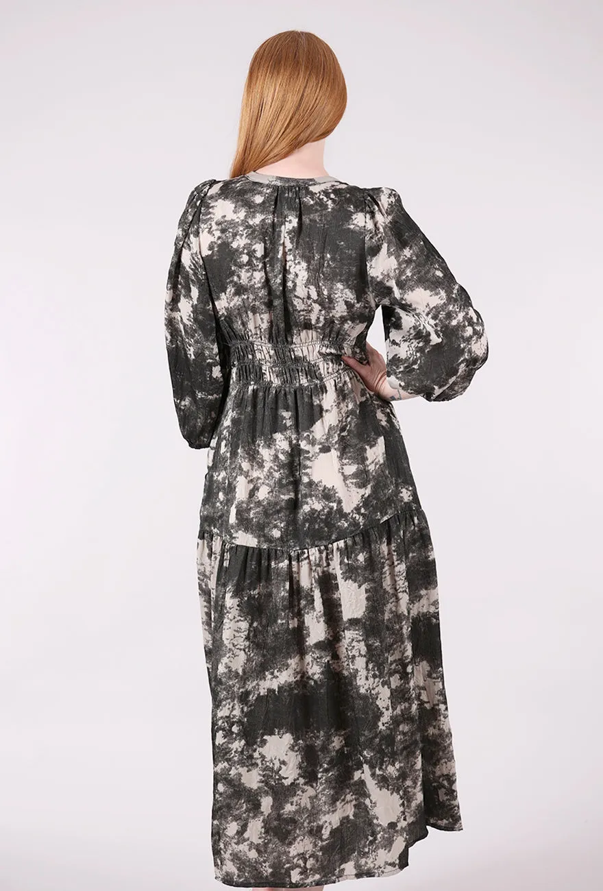 Eye-catching Design Smocked Waist Printed Midi Dress, Fawn