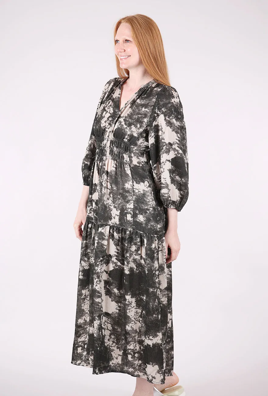 Eye-catching Design Smocked Waist Printed Midi Dress, Fawn