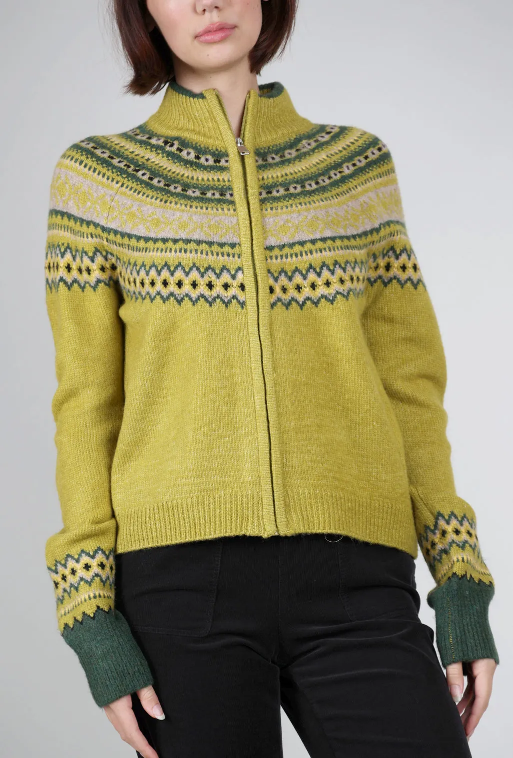 Fair Isle Zip Cardie, Chartreuse Korean Trendy