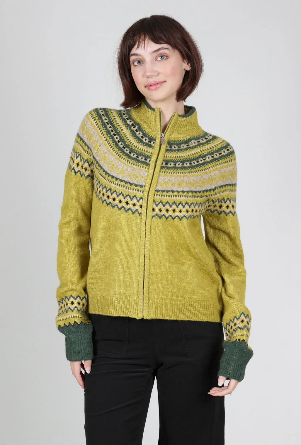 Fair Isle Zip Cardie, Chartreuse Layer Trend Cold Ready