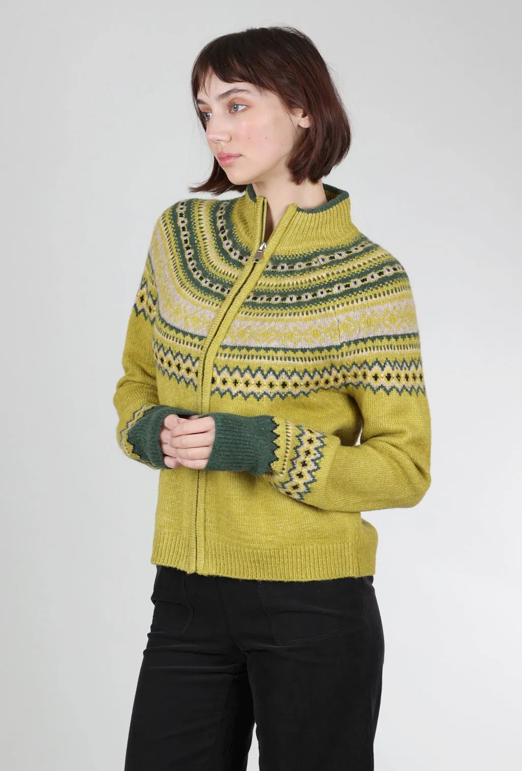 Fair Isle Zip Cardie, Chartreuse Korean Trendy