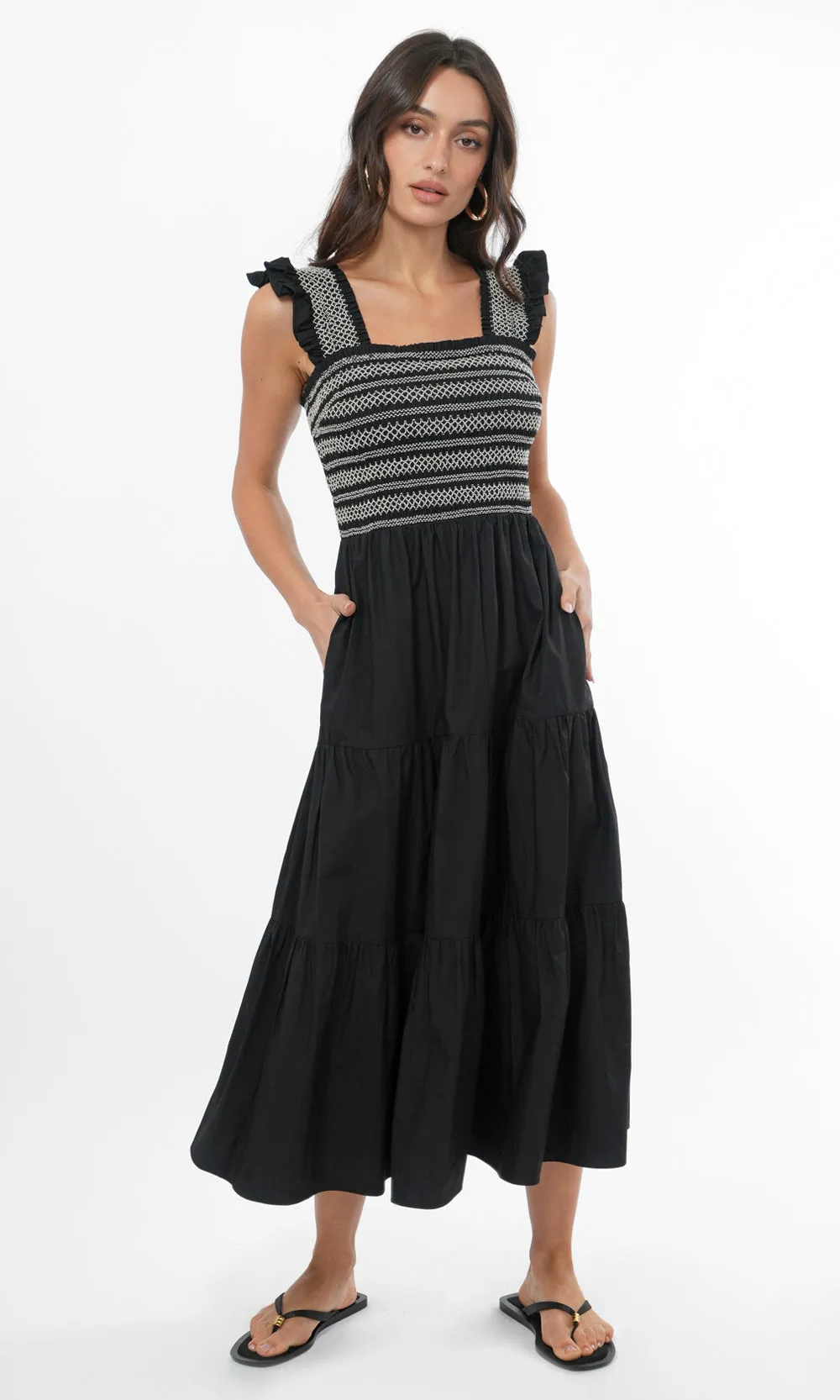 Fashion Garments Felicia Multi Stitch Smocked Midi Dress