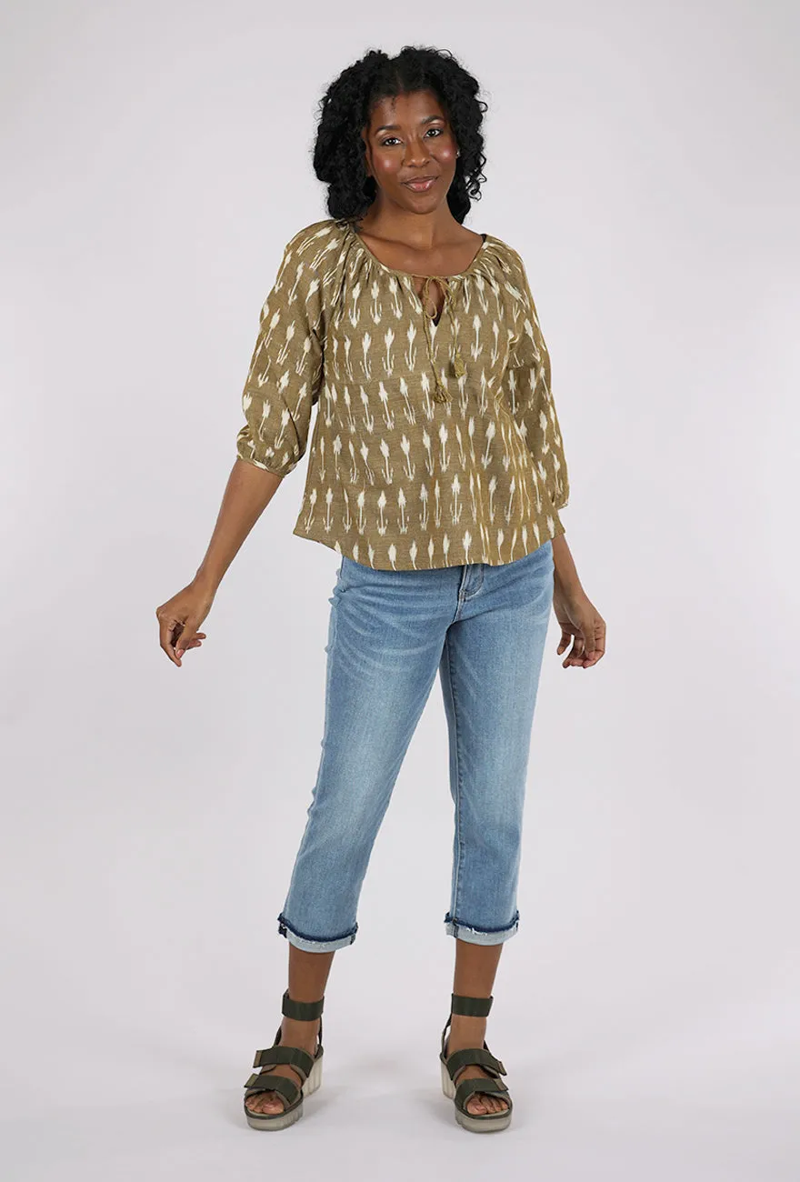 Fashionable Fit Tulum Tassel Top, Olive Ikat