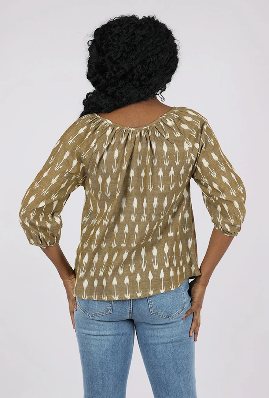 Fashionable Fit Tulum Tassel Top, Olive Ikat