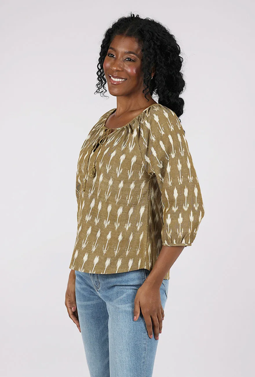 Fashionable Fit Tulum Tassel Top, Olive Ikat