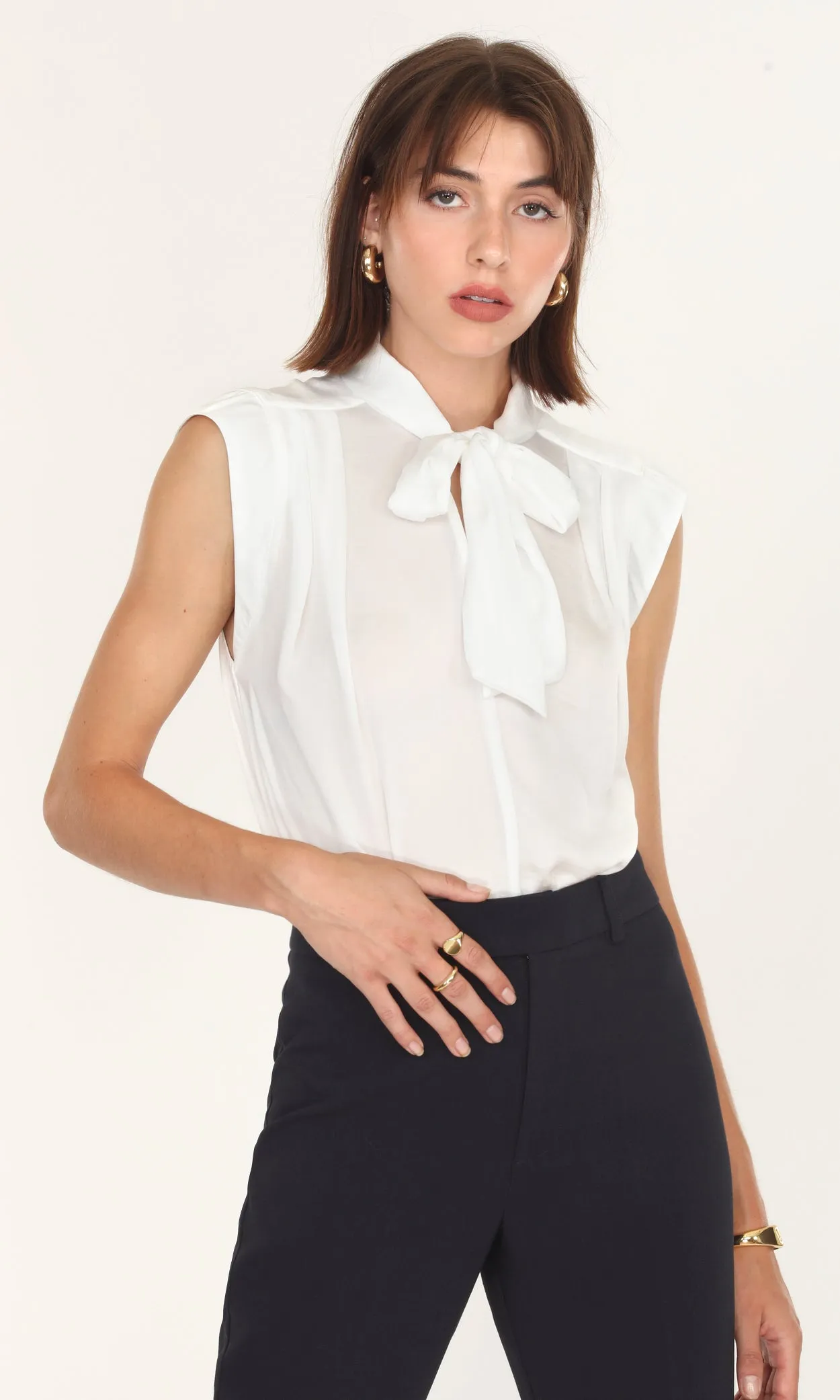 Faux Fur Annette Bow Tie Sleeveless Blouse