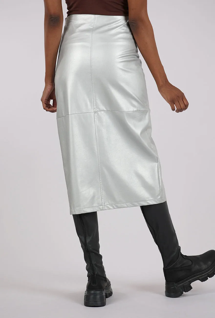Faux Leather Midi Skirt, Silver Bold Print