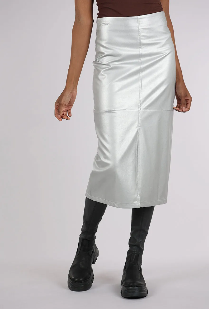 Faux Leather Midi Skirt, Silver Soft Fabric Soft Vibe