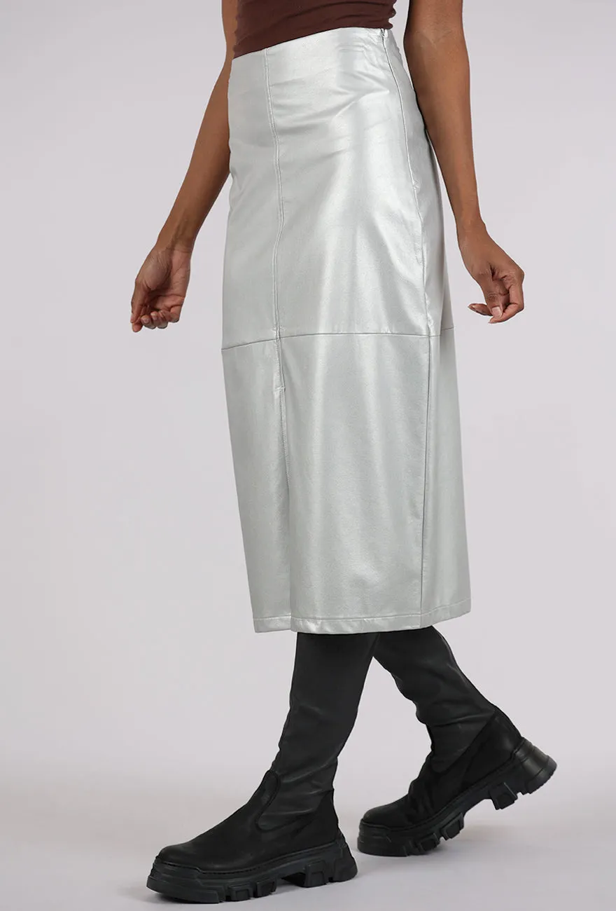 Faux Leather Midi Skirt, Silver Bold Print