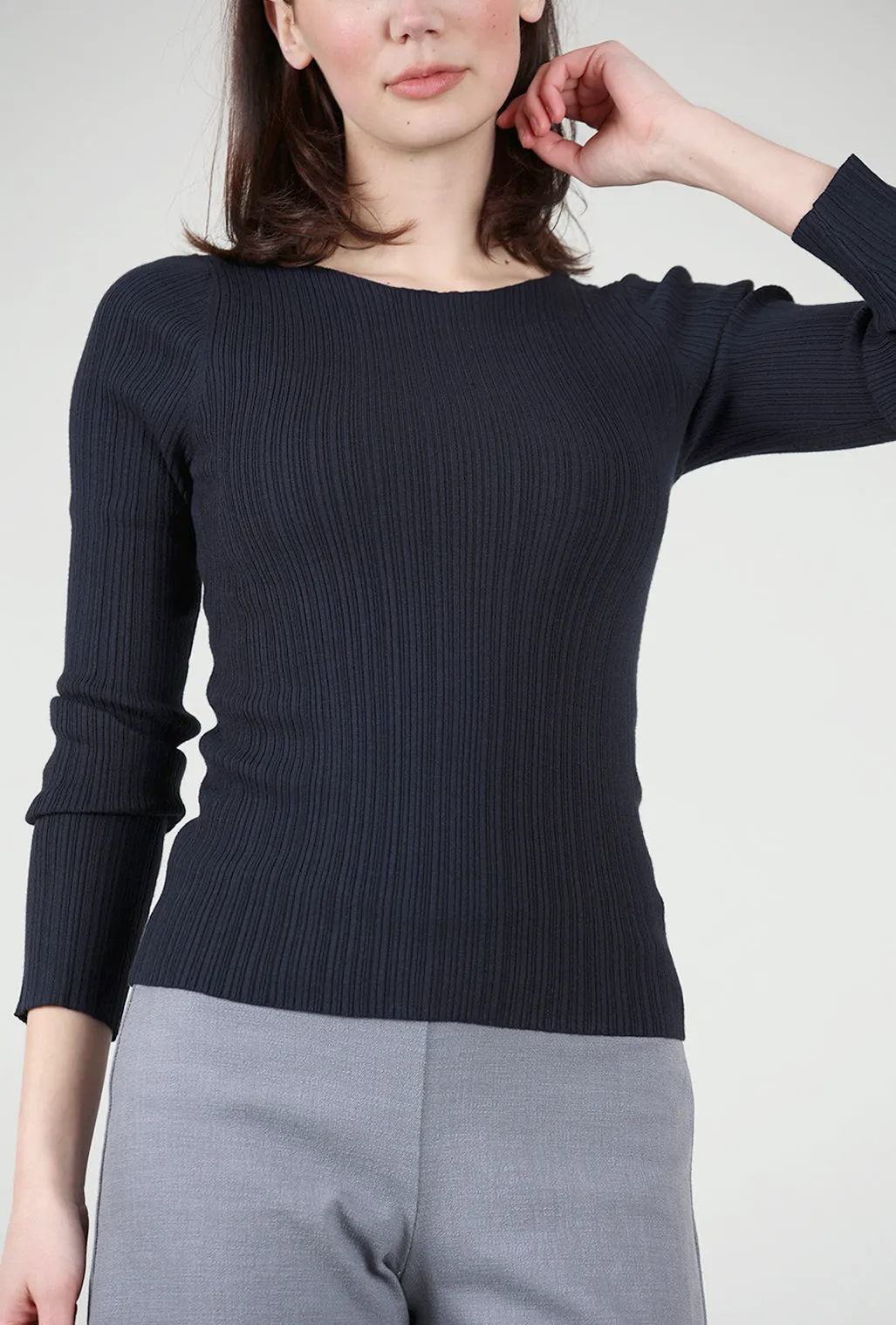 Felicia Ribbed Crew, Navy Drop Shoulder