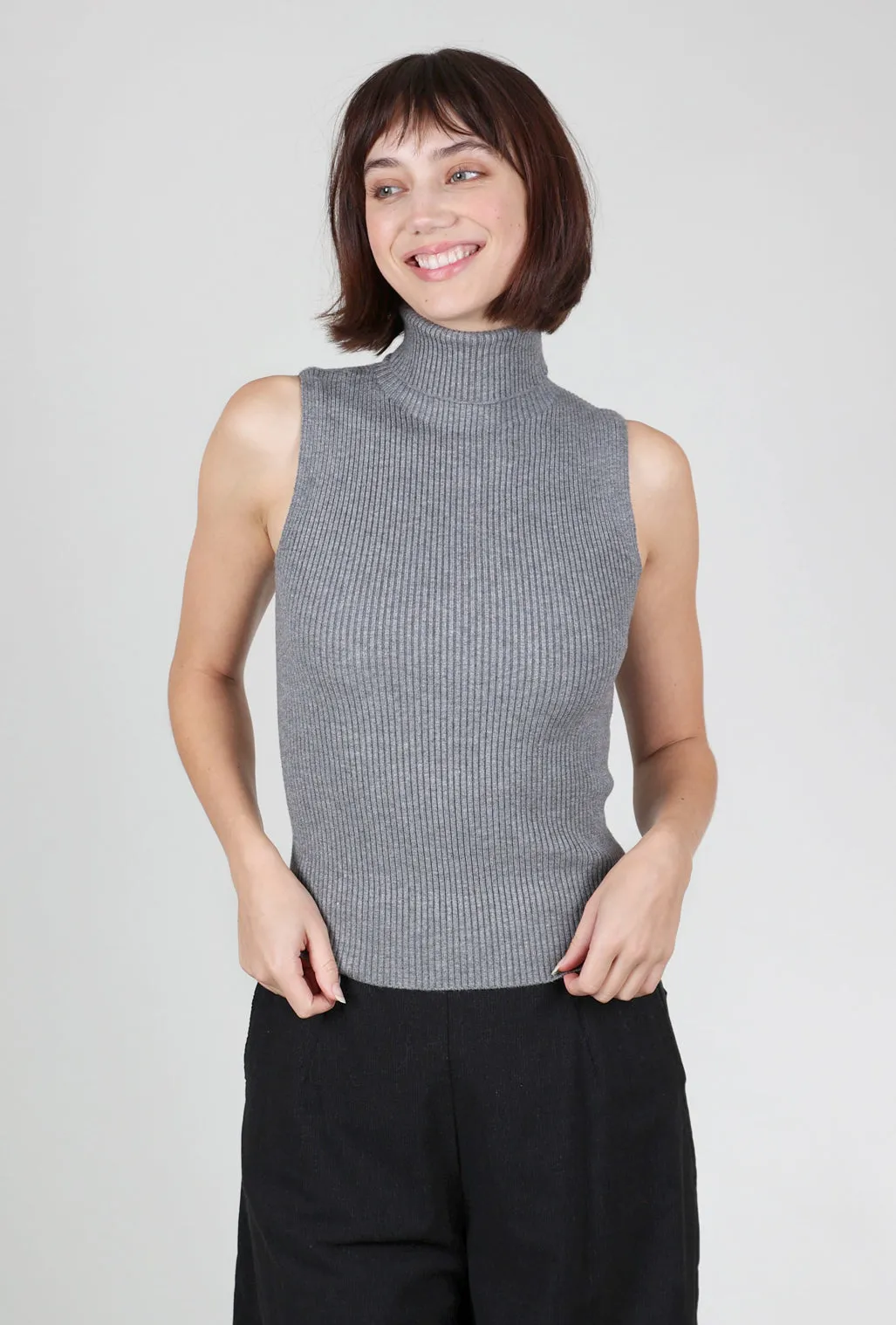 short design slim fit Jennifer S/L Ribbed Mockneck, Charcoal
