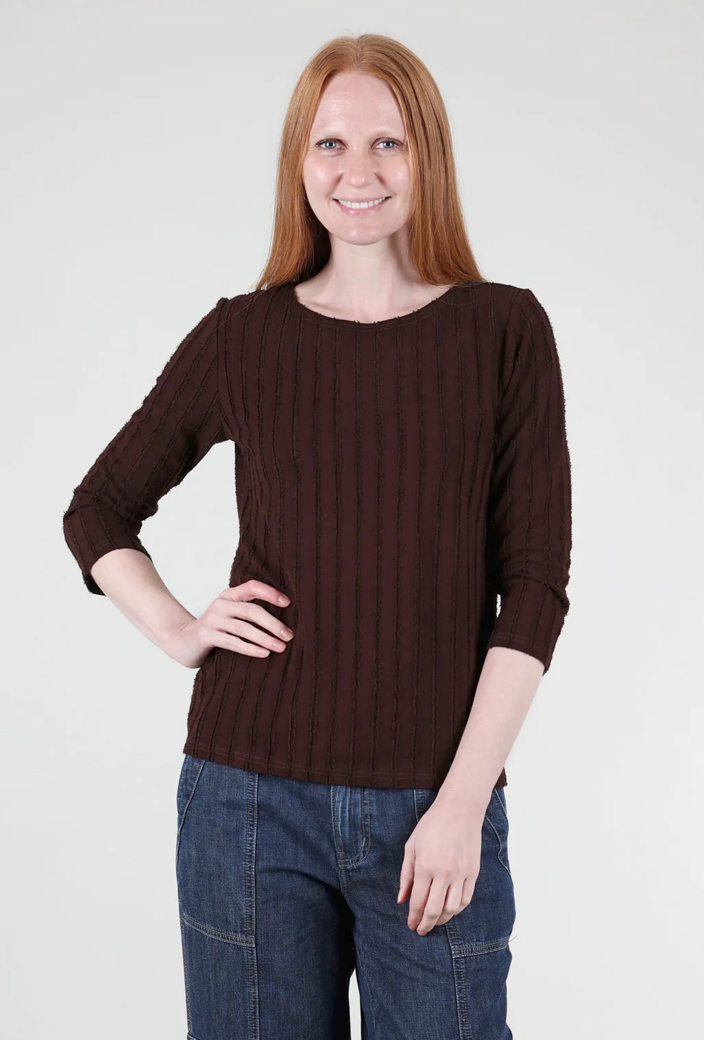 Frayed Stripe Boatneck Tee, Mahogany Feminine Appeal